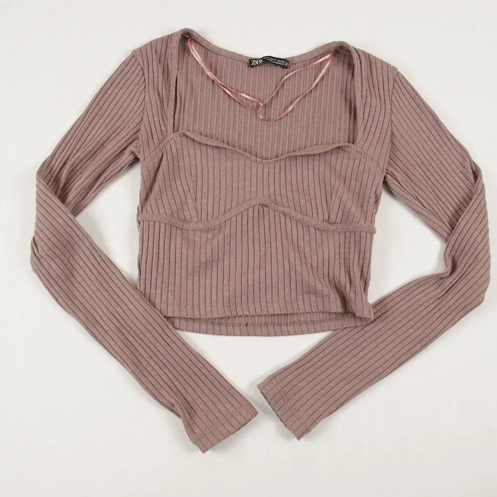 Zara Long Sleeve Brown Mauve Ribbed Long sleeve Crop Top Womens Sz S